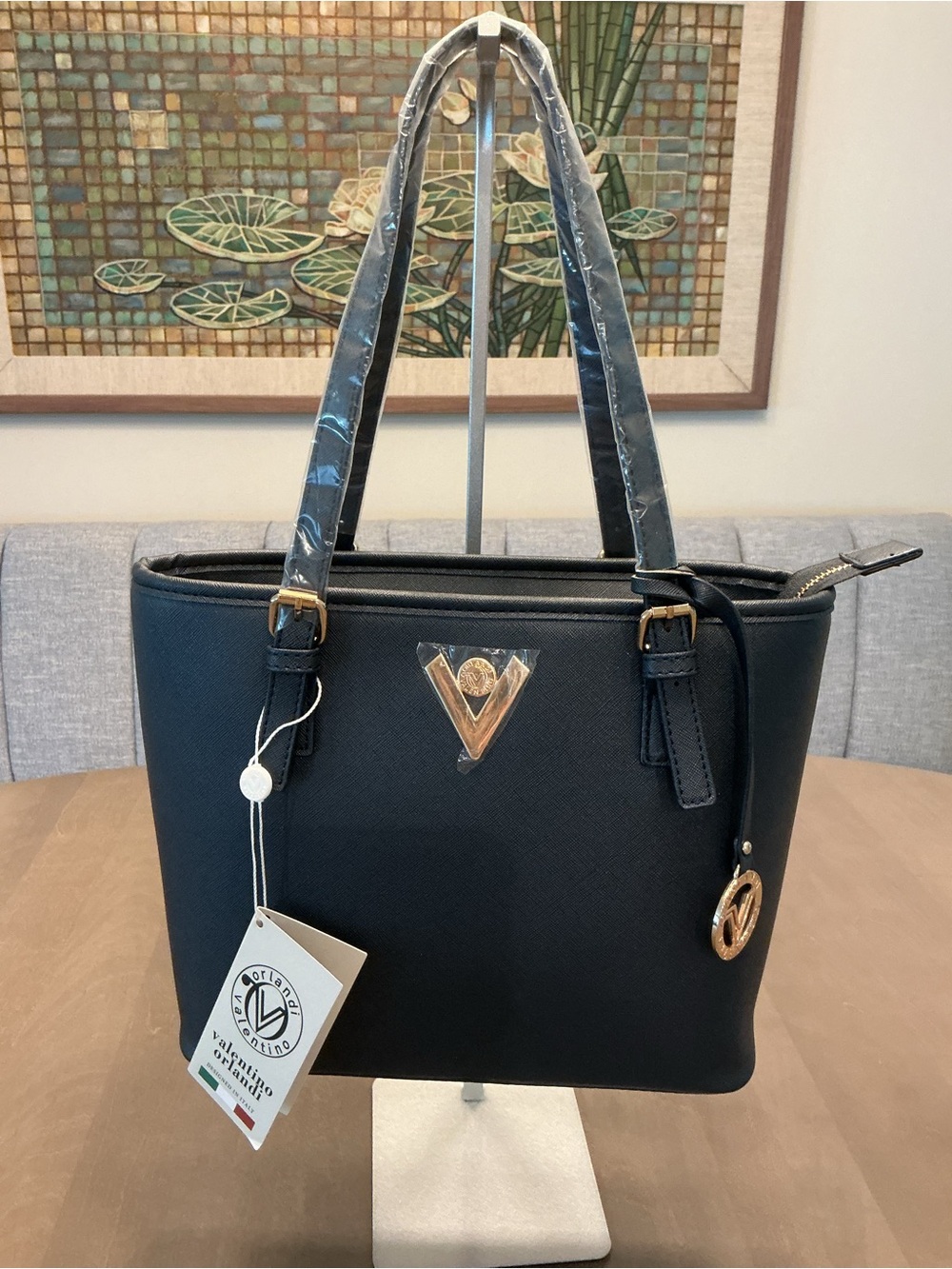 Valentino Orlandi Handbag w/Coin Purse & Gold V Charm NAVY NWT